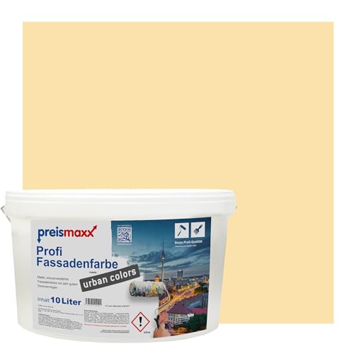 Preismaxx Profi Fassadenfarbe urban colors, bunte Außenfarbe, gelb, sandgelb, sand yellow 10L, matte, wasserabweisende Aussen-Dispersion, hohe Wasserdampfdurchlässigkeit von Preismaxx