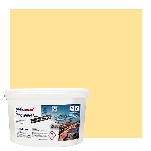 Preismaxx Profiweiß urban colors, bunte Wandfarbe, gelb, sonnengelb, sunlight 5L, Innenfarbe, hohe Deckkraft Klasse 2, matt von Preismaxx