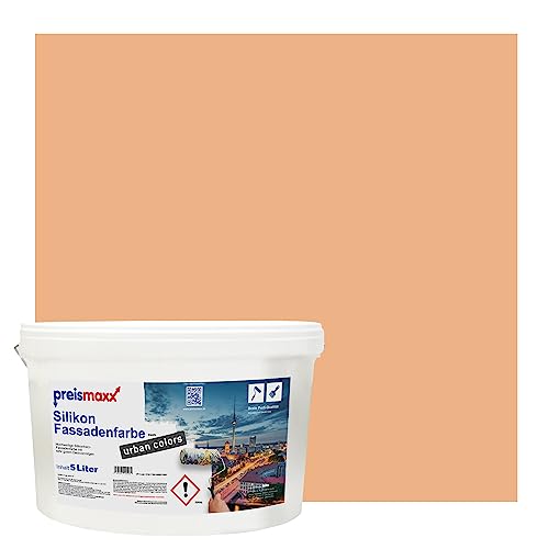 Preismaxx Silikonharz Fassadenfarbe, Aprikose Orange 5 Liter, hochwertige, matte, wasserabweisende Aussen-Dispersion, sehr guter Regenschutz - Abperleffekt von Preismaxx