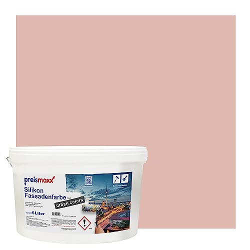 Preismaxx Silikonharz Fassadenfarbe, Beigerosa Rosa 5 Liter, hochwertige, matte, wasserabweisende Aussen-Dispersion, sehr guter Regenschutz - Abperleffekt von Preismaxx