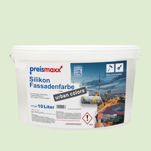 Preismaxx Silikonharz Fassadenfarbe, Eisgrün Grün 10 Liter, hochwertige, matte, wasserabweisende Aussen-Dispersion, sehr guter Regenschutz - Abperleffekt von Preismaxx