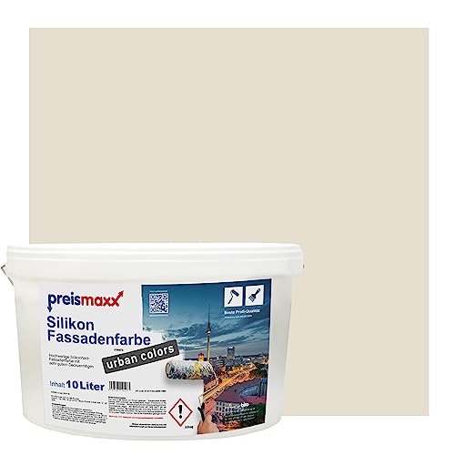 Preismaxx Silikonharz Fassadenfarbe, Graubeige Beige 10 Liter, hochwertige, matte, wasserabweisende Aussen-Dispersion, sehr guter Regenschutz - Abperleffekt von Preismaxx