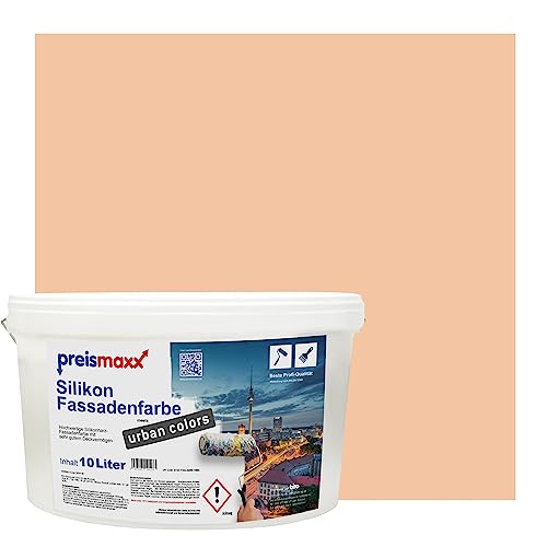 Preismaxx Silikonharz Fassadenfarbe, Pfirsich Orange 10 Liter, hochwertige, matte, wasserabweisende Aussen-Dispersion, sehr guter Regenschutz - Abperleffekt von Preismaxx
