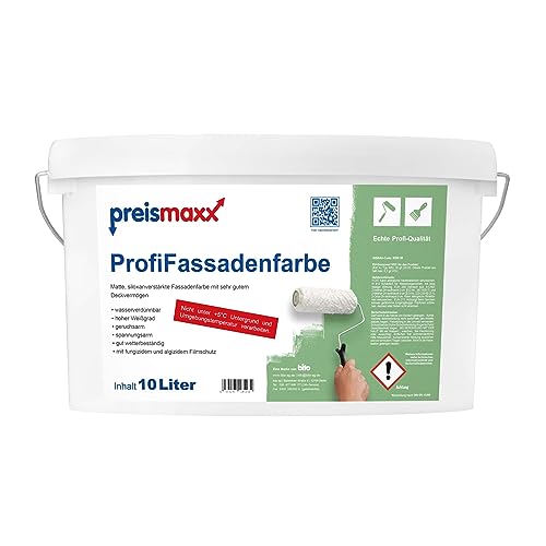 Preismaxx Profi Fassadenfarbe, weiß, 10 Liter, matte, wasserabweisende Aussen-Dispersion, hohe Wasserdampfdurchlässigkeit von Preismaxx