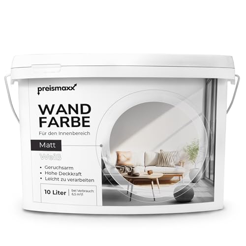 Preismaxx Profiweiß Wandfarbe weiß 10L, hohe Deckkraft, Dispersionsfarbe weiß innen, Innenwandfarbe Raumfarbe weiß deckend, Deckkraftklasse 2, matt Innenfarbe Profi Qualität von Preismaxx