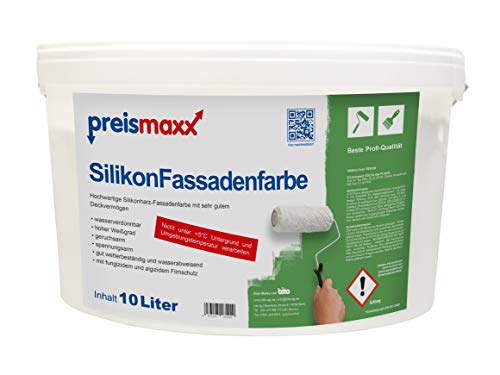 Preismaxx Silikonharz Fassadenfarbe, Weiß 10 Liter, hochwertige, matte, wasserabweisende Aussen-Dispersion, sehr guter Regenschutz - Abperleffekt von Preismaxx