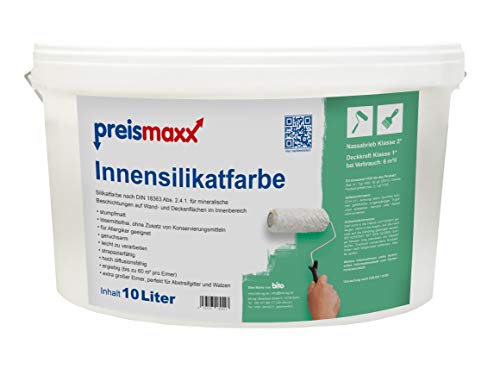 preismaxx Innensilikatfarbe - Wandfarbe auf Silikatbasis matt weiß, 10 Liter, allergikerfreundlich, ohne Zusatz von Konservierungsmitteln von Preismaxx