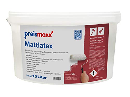 Preismaxx Mattlatex Wandfarbe, Latexfarbe, weiß, matt, 10 Liter, Deckkraftklasse 2, Nassabriebklasse 2 von Preismaxx