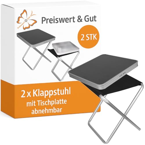 Preiswert&Gut 2X Klappstuhl Camping Sitzhöhe 45cm - Campingtisch Klappbar Aluminium bis 100Kg - 20kg belastbar als Campingstuhl oder Fußhocker Outdoor mit Tischplatte MDF 40x40cm von Preiswert & Gut