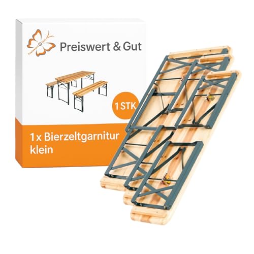 Preiswert&Gut Biertischgarnitur (1 x Tisch 2 x Bank) 110 x 50 x 70 cm klein aus Tannenholz mit Stahlgestell lackiert 2,5 cm dick abgerundet Biertisch und Bierbankgarnitur von Preiswert&Gut