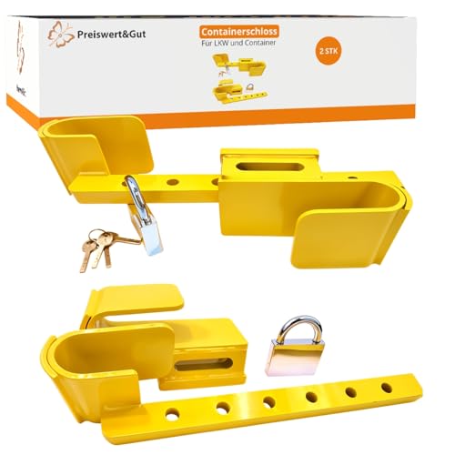Preiswert&Gut Containerschloss 2er Set verstellbar Schloss ist von 23 bis 42 cm, robuste Diebstahlsicherung aus verzinktem Stahl für LKW und Seecontainer, Signalgelb mit Korrosionsschutz von Preiswert & Gut