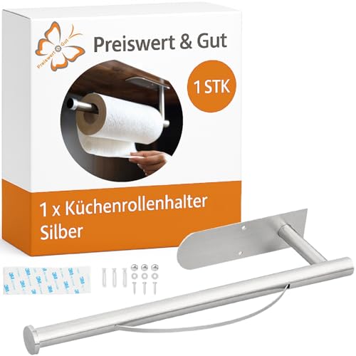 Preiswert&Gut Küchenrollenhalter Wand mit Abroll-Bremse, Kompatibel Zewa Halter mit M3 Klebepads, Halter, Rollenhalter Küche Rostfrei, Papierrollenhalter 31x4cm, Küchenpapier- Küchenrolle XXL (Silber) von Preiswert & Gut