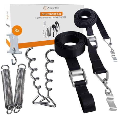 Preiswert&Gut Sturmsicherung für Markisen, kompatibel Hold Down Thule Abspannset mit Spanngurten und Spiralankern für Camping und Vorzelt kompatibel Markise Omnistor von Preiswert & Gut