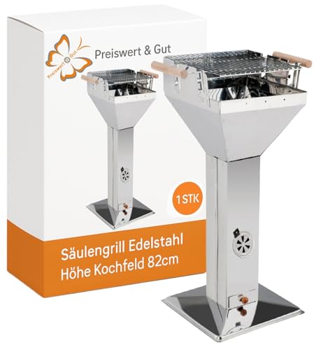 Säulengrill Holzkohle 82 cm Höhe – Holzkohlegrill Edelstahl mit verstellbarem Verchromtem Grillrost 36,5x36,5 cm Standgrill verwendbar als Feuerschale Kohlegrill von Preiswert & Gut
