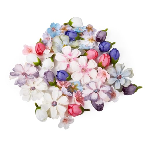 Prelisee 40 STK Kunstblumen Blumenköpfe Wie Echt Künstliche Blumenköpfe Klein Kunst Blumen Köpfe zum Basteln mit 3 Stile Mix Fake Blumen Seidenblumen Streublumen Deko für Torten,Hochzeit,Geburtstag von Prelisee
