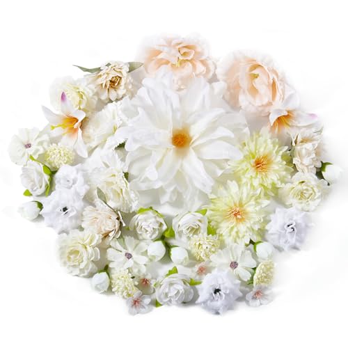 Prelisee 42 STK Weiße Kunstblumen Blumenköpfe Wie Echt Künstliche Blumenköpfe Kunst Blumen Köpfe zum Basteln mit 13 Stile Mix Fake Blumen Seidenblumen Streublumen Deko für Torten,Hochzeit,Geburtstag von Prelisee