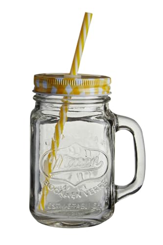 Geprägte EinmachGlas-Becher, quadratisches klares Glas, gelber Gingham-Deckel Geprägte EinmachGlas-Becher, quadratisches klares Glas, gelber Gingham-Deckel von Premier
