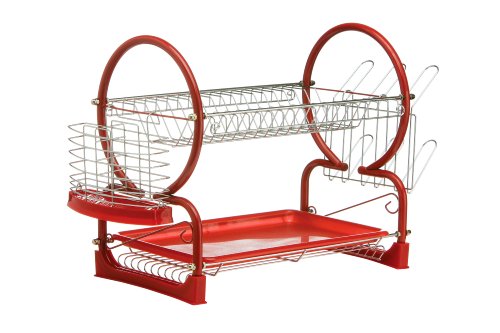 Premier Housewares 2 Tier Dish Drainer, Enamel Coated Frame, Glass and Utensil Holder/Removable Red Plastic Drip Tray Abtropfgestell, 2 Etagen, mit herausnehmbarer Abtropfschale, Chrom/rot, Draht, Kunststoff, 39 x 25 x 56 cm von Premier