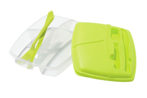 Premier Housewares Lunchbox aus Kunststoff, mit 3 Fächern, inkl. Messer und Gabel, grüner Deckel von Premier