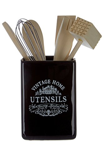 Premier Housewares Vintage Home Quadratischer Utensilienhalter mit Küchenhelfern, schwarz, Keramik, 12x12x15 von Premier