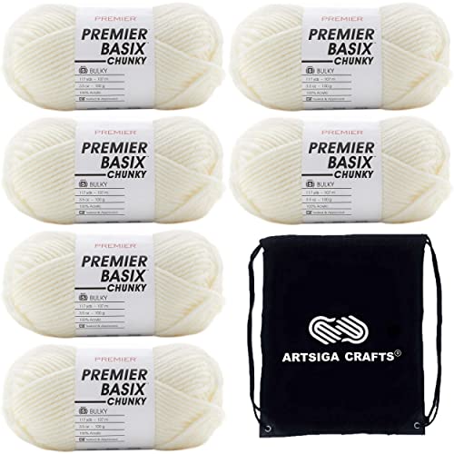 Premier Yarns Basix Chunky Cream 1145-02 (6 Knäuel - gleiche Farbstofflose) Chunky Bulky #5 Acrylgarn zum Häkeln und Stricken, mit Projekttasche von Premier Yarns