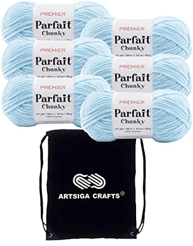 Premier Yarns Parfait Chunky Hellblau 1150-05 (6 Knäuel – gleiche Farblose), Gewicht S, sperrig, #6, Polyestergarn zum Häkeln und Stricken, Bündel mit 1 Artsiga Craft-Projekttasche von Premier Yarns
