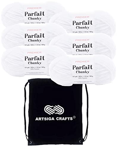 Premier Yarns Parfait Chunky White 1150-01 (6 Knäuel – gleiche Farbstofflose), Gewicht S, Bulky #6, Polyestergarn zum Häkeln und Stricken, mit Projekttasche von Premier Yarns