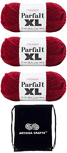 Premier Yarns Parfait XL Burgundy 2050-06 (3 Knäuel - gleiche Farbstofflose) Jumbo #7 Polyestergarn zum Häkeln und Stricken, mit Projekttasche von Premier Yarns