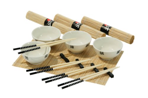 16pc Chinese Dining Set, 4 weiße Porzellanschalen, 4 Bambusmatten, 4 Bambus Easstäbchen, 4 Reste von Premier