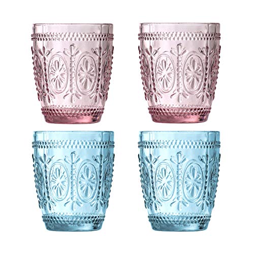 Premier Housewares Fleur Glass Trinkglas, 4er Set, 280ml, 2 Rosa, 2 Blau von Premier