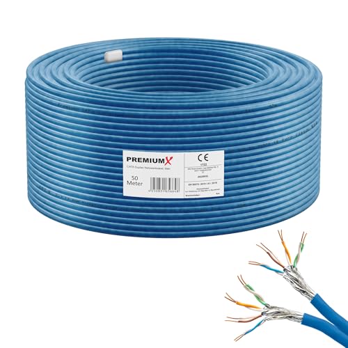 Premium X 50m CAT 8 Netzwerkkabel LAN Kabel Verlegekabel Ethernet Cat8 Installationskabel 40 Gbit/s AWG 22 reines Kupfer S/FTP PiMF PoE Eca Klasse Datenkabel Duplex - Blau von Premium X