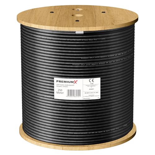 Premium X CAT 7 Outdoor Netzwerkkabel 250m - S/FTP, PE, AWG23/1, 10 Gbit/s, doppelt geschirmt, wetterfest, UV-beständig, Verlegekabel, Kupfer, schwarz Premium X CAT 7 Outdoor Netzwerkkabel 250m - S/FTP, PE, AWG23/1, 10 Gbit/s, doppelt geschirmt, wetterfest, UV-beständig, Verlegekabel, Kupfer, schwarz von Premium X