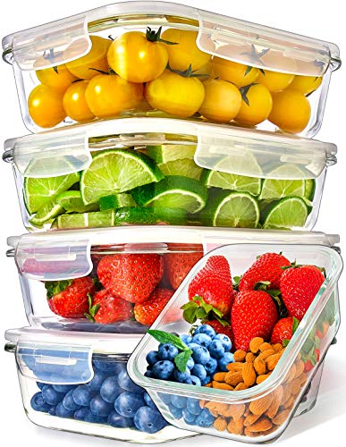 [5er Pack] Frischhaltedosen Glas mit Deckel - Meal Prep Boxen Glas - Glasbehälter Set - Spülmaschinen Mikrowellen Gefrierschrankfest (1060 ml: 1-Fach) von Prep Naturals