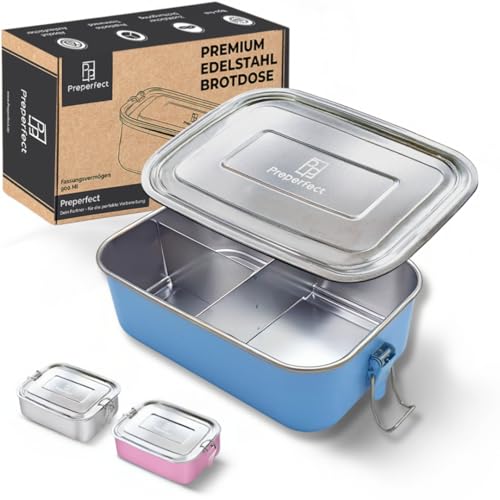 Preperfect Premium Kinder Brotdose Edelstahl - 900ml Lunchbox - Essensbox inkl. Trennwand mit 3 Fächern - Frühstücksbox robust und auslaufsicher- Brotbox für Schule, Kindergarten und Arbeit (Blau) von Preperfect