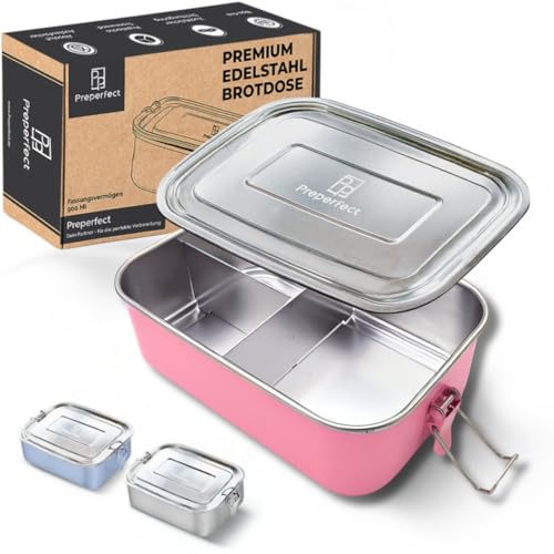 Preperfect Premium Kinder Brotdose Edelstahl - 900ml Lunchbox - Essensbox inkl. Trennwand mit 3 Fächern - Frühstücksbox robust und auslaufsicher- Brotbox für Schule, Kindergarten und Arbeit (Rosa) von Preperfect