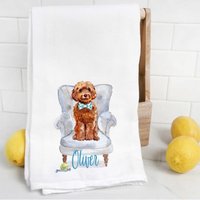 Benutzerdefinierte Apricot Cockapoo Mehlsack Handtuch, Mama Geschenk, Hundemama, Hundepapa, Personalisierter Name, Haustier Name Aquarell Portrait von Preppypineapplehome