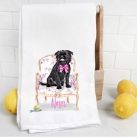 Benutzerdefiniertes Schwarzes Brüssel Griffon Mehlsack Handtuch, Geschirrtuch, Hundemama, Hundepapa, Personalisierter Name, Aquarell Haustierportrait von Preppypineapplehome