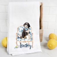 Bernedoodle Mehlsack Handtuch, Geschirrtuch, Hundemama, Hundepapa, Personalisierter Name, Aquarell Tierportrait von Preppypineapplehome