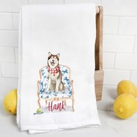 Brauner Husky Mehlsack Handtuch, Geschirrtuch, Hundemama, Hundepapa, Personalisierter Name, Aquarell Tierportrait von Preppypineapplehome