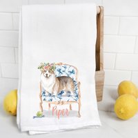 Corgis Mehlsack Handtuch, Geschirrtuch, Hundemama, Hunde Papa, Mutt, Personalisierter Name, Haustier Name Geschenk, Aquarell Portrait von Preppypineapplehome