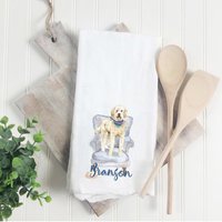 Goldendoodle Mehlsack Handtuch, Labradoodle, Hundemama, Hundepapa, Personalisierter Name, Haustiername Geschenk, Chinoiserie, Aquarell Tierportrait von Preppypineapplehome