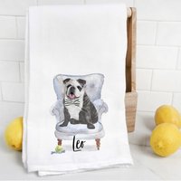 Graue Bulldogge Mehlsack Handtuch, Geschirrtuch, Hundemama, Hundepapa, Personalisierter Name, Aquarell Tierportrait von Preppypineapplehome