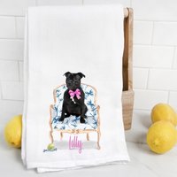 Schwarzes Pit Bull Mehlsack Handtuch, Geschirrtuch, Bull, Hund Mama, Papa, Personalisierter Name, Aquarell Haustier Portrait von Preppypineapplehome