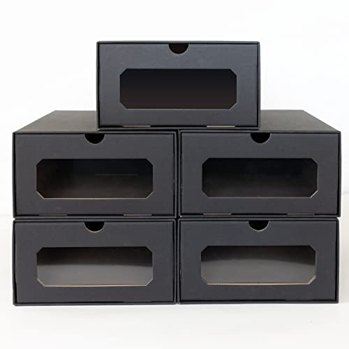 5 x PresentFill® Aufbewahrungsbox Schuhbox Schwarz Schuhschachtel Schubladenbox Schuhkarton Ordnungsboxen mit transparentem Sichfenster stapelbar aus Pappe Karton Schuhaufbewahrung Schuhorganizer von Present Fill