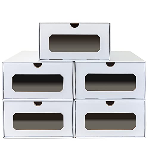 5 x PresentFill® Aufbewahrungsbox Weiß Schuhbox Schuhkiste Schuhschachtel Schuhkarton Ordnungsboxen durchsichtig transparent Sichfenster stapelbar aus Pappe Schuhaufbewahrung Schuhorganizer von Present Fill