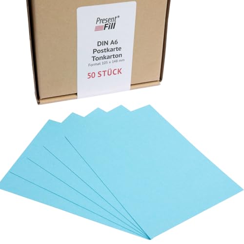 PresentFill® - blanko Postkarten Tonkarton Azur Blau, Papier-Karten Set 100 Stück 210 g/m² -DIN A6-105 x 148 mm zum Selbstgestalten, beschriften oder bedrucken als Bastelkarton, Karteikarten von Present Fill