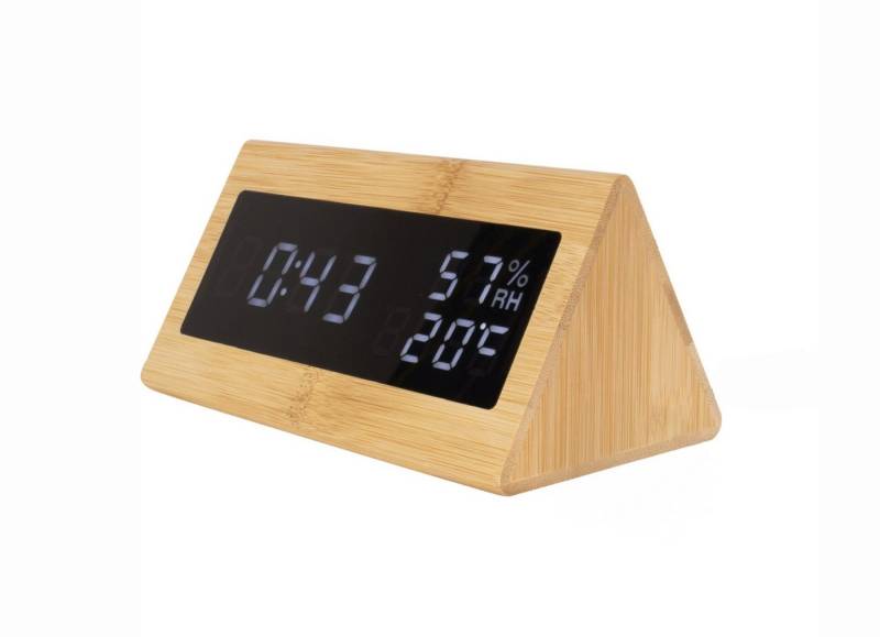 Present Time Tischuhr wunderschöner Retro Holz Wecker mit Digital anzeige & Raum Temperatur dreieckig, Vintage Radiowecker - Ab jetzt stilvoll aufwachen! von Present Time