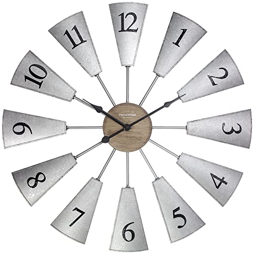 Presentime & Co. Lorenzo Farmhouse Windmühlen-Uhr, für Innen- und Außenbereich, leise, kein Ticken, Wanddekoration, Wandkunst und Zeitmesser für Heimdekoration, verzinktes und hellgraues von Presentime