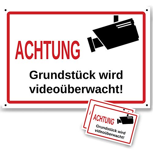 Hochwertiges Set Videoüberwacht Schild aus Aluminium mit Aufkleber | Stabiles Videoüberwachung Schild 20 x 30 cm auf 3mm Alu-Verbundplatte mit Bohrlöchern | Hinweisschild Privatgrundstück nach DSGVO von Presentou