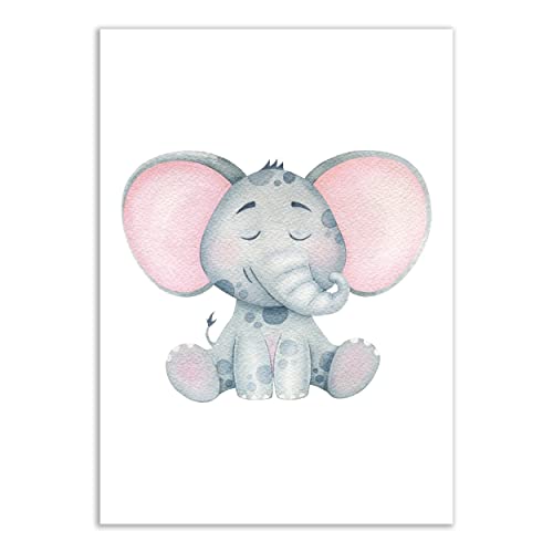 Presentou Tierbilder Kunstdruck | Kinderzimmer Poster Wandbilder Deko | süß gemalt Wasserfarb-Look | Wald Afrika Safari | DIN A4 Premiumpapier (Einzelbild - Elefant) von Presentou